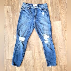 MOTHER The Swooner Crop Wash Distress Jeans Blue Denim Raw Hem Size 30 - Read